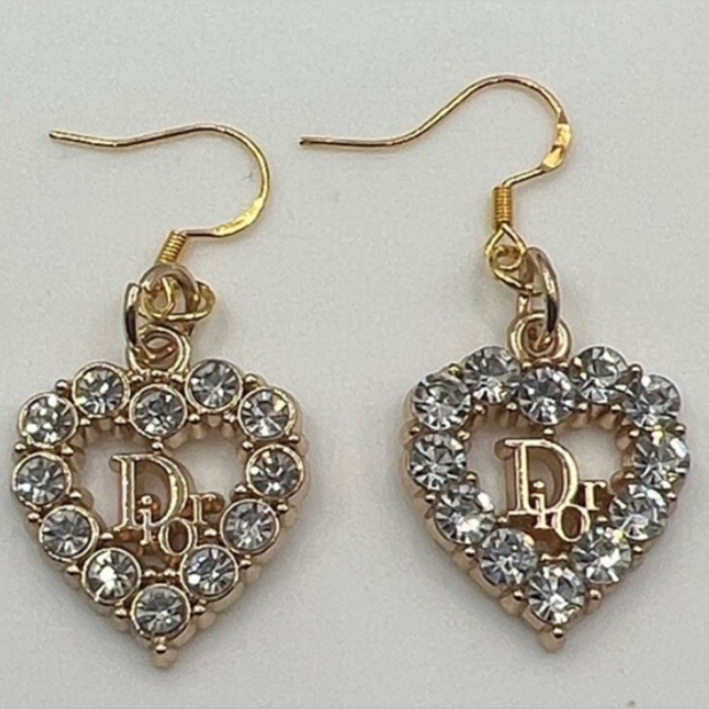 DIOR Luxury Authentic Gold and Silver Heart Earrings Aurora Borealis Stones